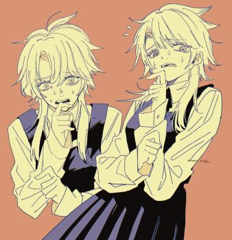 Rule 34 | 1girl, black dress, brown background, chainsaw man, collared shirt, commentary request, dress, famine devil (chainsaw man), flying sweatdrops, fourth east high school uniform, highres, ice morinaka, messy hair, multiple views, neck ribbon, partially colored, pinafore dress, ribbon, ringed eyes, school uniform, shirt, sleeveless, sleeveless dress