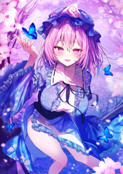 Rule 34 | 1girl, absurdres, blue butterfly, blue kimono, blush, breasts, bug, butterfly, center frills, cherry blossoms, floral print, floral print kimono, flower, frills, hat, highres, insect, japanese clothes, kimono, lace, lace-trimmed headwear, lace-trimmed kimono, lace trim, large breasts, long sleeves, looking at viewer, medium hair, mob cap, neck ribbon, nenobi (nenorium), open mouth, pink eyes, pink flower, pink hair, print kimono, purple ribbon, ribbon, saigyouji yuyuko, smile, solo, thighs, touhou, triangular headpiece, white hat, wide sleeves