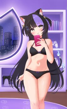 Rule 34 | 1girl, animal ear fluff, animal ears, anya nyabyss, bell, belly, black bra, black hair, black panties, blush, blush stickers, book, bow, bow panties, bra, breasts, building, carpet, cat ears, cat tail, city, cityscape, commission, controller, dzulfiqar023, eyelashes, fire, flame-tipped tail, floor, game controller, hair bell, hair bow, hair ornament, hair ribbon, hairclip, highres, knee up, knees up, looking at viewer, medium hair, multicolored hair, navel, nose, panties, phase connect, phone, purple hair, ribbon, shelf, small breasts, solo, tail, thighs, twintails, underwear, underwear only, virtual youtuber, window, yellow eyes