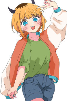 1girl absurdres blonde_hair blue_eyes blue_shorts blush commentary cowboy_shot earrings fang green_shirt heart heart_earrings highres jacket jewelry mem-cho multicolored_hair nail_polish open_mouth orange_jacket orange_nails oshi_no_ko roots_(hair) shirt short_hair short_sleeves shorts simple_background solo teeth upper_teeth_only urishima v white_background