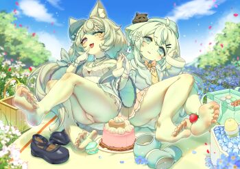 2girls absurdres animal_ears barefoot blue_eyes cake feet food fruit heterochromia highres holding_hands long_hair looking_at_viewer macaron mary_janes multiple_girls naizi_chenfu_yu_wo open_mouth original panties pantyshot parted_lips picnic picnic_basket purple_eyes shoes soles strawberry sweets toes tongue tongue_out underwear unworn_shoes white_hair yellow_eyes