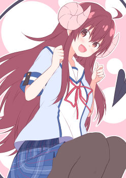 1girl :d absurdres ahoge akane_souichi black_pantyhose black_tail blue_shirt blue_skirt blue_trim blush bright_pupils brown_eyes commentary_request curled_horns demon_girl demon_horns demon_tail dot_nose fang feet_out_of_frame from_below from_side hair_between_eyes hands_up highres horns long_hair long_sidelocks long_tail looking_at_viewer machikado_mazoku multicolored_shirt neck_ribbon open_mouth pantyhose partial_commentary pink_background plaid_clothes plaid_skirt pleated_skirt red_hair red_ribbon ribbon sailor_collar school_uniform serafuku shirt sidelocks sitting skin_fang skirt smile solo tail two-tone_background very_long_hair white_background white_pupils white_sailor_collar white_shirt yoshida_yuuko