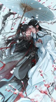 Rule 34 | 2boys, ahoge, black cloak, black hair, black hanfu, branch, chinese clothes, cloak, commentary request, couple, eye contact, eyelashes, floating hair, flower, fur-trimmed cloak, fur trim, hair ribbon, hanfu, headband, high ponytail, highres, holding, holding hands, holding umbrella, jewelry, lan wangji, long hair, long sleeves, looking at another, male focus, mg ms dayo, modao zushi, multiple boys, oil-paper umbrella, one eye closed, outdoors, plum blossoms, ponytail, purple eyes, red flower, red ribbon, red sash, ribbon, robe, sash, shared umbrella, sidelocks, sleeves past wrists, smile, snow, snowing, standing, topknot, tree, twitter username, umbrella, wei wuxian, white cloak, white hanfu, white headband, wide sleeves, winter, winter clothes, xiao guan (headdress), yaoi, yellow eyes