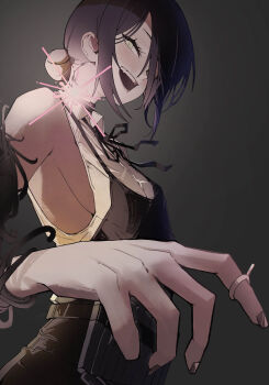1girl absurdres apron black_apron black_hair black_ribbon breasts chainsaw_man ehddb72 grenade_pin grey_eyes grey_nails hair_bun highres neck_ribbon open_mouth reze_(chainsaw_man) ribbon shirt sideboob small_breasts solo teeth white_shirt