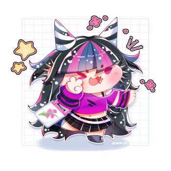 Rule 34 | > o, 1girl, :3, alternate costume, black hair, black skirt, blue hair, blue streaks, blush, chibi, chibi only, commentary request, danganronpa (series), danganronpa 2: goodbye despair, ear piercing, face piercing, full body, hair horns, highres, long hair, long sleeves, midriff, mioda ibuki, mouth piercing, multicolored hair, navel, one eye closed, open mouth, piercing, pink hair, pink streaks, purple shirt, shirt, skirt, smile, solo, standing, standing on one leg, star (symbol), streaked hair, v, vene rs, white bag, white hair