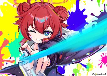 1girl :d ahoge artist_name black_jacket blue_archive blue_eyes double_bun graffiti hair_bun hair_intakes halo highres holding holding_spray_can id_card jacket maki_(blue_archive) millennium_science_school_logo one_eye_closed open_mouth paint_splatter red_hair s_panda_k short_hair smile solo spray_can teeth