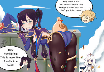 1boy 2girls absurdres aether_(genshin_impact) ass bag black_hair blonde_hair blush breasts cameltoe cape detached_sleeves elbow_gloves embarrassed from_behind genshin_impact gloves green_eyes hair_ornament hair_ribbon halo hat highres leaning leaning_forward leotard long_hair looking_at_viewer madmex mona_(genshin_impact) money multiple_girls paimon_(genshin_impact) pantyhose ribbon shiny_clothes sideboob twintails very_long_hair wavy_mouth white_hair