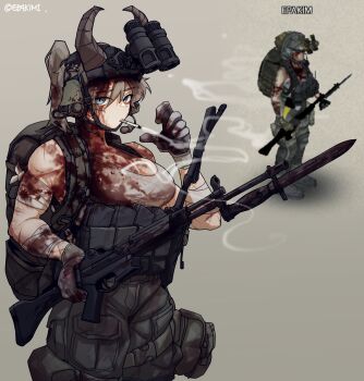 1girl absurdres ammunition_pouch assault_rifle backpack bag bandaged_arm bandages bayonet blood blood_on_clothes blood_on_face bloody_knife bloody_weapon blue_eyes boots breasts cigarette daewoo_k2 epakim game_screenshot_inset gloves gun headset helmet highres horns knife large_breasts looking_at_viewer magazine_(weapon) night_vision_device pouch project_zomboid rifle scar scar_across_eye scar_on_face smoke smoking solo tank_top thigh_pouch toned walkie-talkie weapon