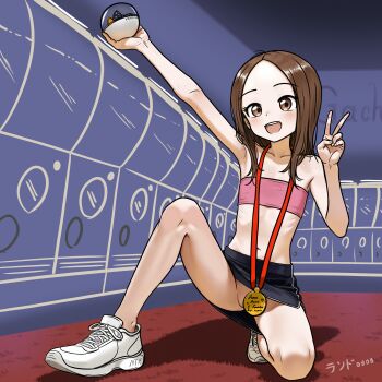 absurdres arcade brown_eyes brown_hair exhibitionism flat_chest gacha_(game_mechanic) highres karakai_jouzu_no_takagi-san lander0808 loli no_panties public_indecency shoes strapless tube_top v