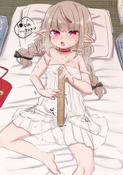 1girl absurdres blush braid breasts brown_hair collar dress female_focus futon highres loli long_hair looking_at_viewer makaino_ririmu makaino_ririmu_(3rd_costume) measuring nijisanji nipple_slip nipples open_mouth panties penis_measuring pointy_ears purple_eyes ruler sleeveless sleeveless_dress small_breasts solo spread_legs strap_slip sweat tatami twin_braids underwear utsusumi_kio virtual_youtuber white_dress