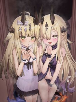 2girls absurdres aged_down arknights black_horns blonde_hair blush choker commentary_request dragon_girl dragon_horns dragon_tail fire flame-tipped_tail frilled_cuffs green_eyes highres horns lingerie long_hair looking_at_viewer multiple_girls necrass_(arknights) necrass_(young)_(arknights) negligee panties reed_(arknights) reed_(young)_(arknights) see-through_clothes siblings tail twins underwear vanmirror