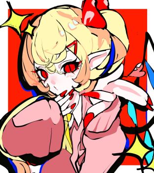 1girl ascot blonde_hair blowing_kiss border bow commentary_request crystal crystal_wings eyelashes fingernails flandre_scarlet hair_ornament hairclip hat heart mashi_(pixiv_zcjd2538) one_side_up pointy_ears red_background red_bow red_eyes red_nails ribbon sharp_fingernails short_hair side_ponytail sleeves_past_wrists slit_pupils solo sparkle sweater touhou vest white_border white_hat wings