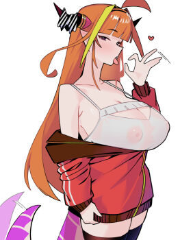 1girl ahoge bare_shoulders black_thighhighs blunt_bangs blush bow breasts cleavage collarbone commentary covered_erect_nipples cowboy_shot dismassd dragon_tail english_commentary fellatio_gesture heart highres hololive horn_bow horn_ornament horns huge_breasts jacket kiryu_coco long_hair long_sleeves looking_at_viewer off_shoulder orange_hair pointy_ears red_eyes red_jacket simple_background solo spaghetti_strap tail tail_wagging thighhighs tongue tongue_out virtual_youtuber white_background