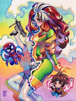 1boy 1girl artist_name blue_skin brown_hair cape card colored_skin commentary commission english_commentary gambit gloves gouache_(medium) green_eyes gun highres holding holding_gun holding_weapon long_hair looking_at_viewer magneto marvel micro_uzi multicolored_hair mystique painting_(medium) playing_card red_hair rian_gonzales skull_belt smoke smoking_barrel superhero_costume traditional_media transformation two-tone_hair very_long_hair watercolor_(medium) weapon white_hair x-men