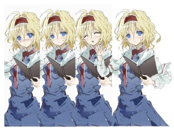 1girl :o alice_margatroid blonde_hair blue_dress blue_eyes blush book capelet closed_eyes closed_mouth commentary dress embarrassed expressionless grimoire_of_alice hair_between_eyes hairband highres holding holding_book lolita_hairband long_sleeves looking_at_viewer medium_hair multiple_expressions open_mouth sesmkun smile touhou variations white_capelet