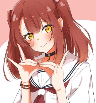 Rule 34 | 1girl, bead bracelet, beads, black choker, blush, bracelet, brown hair, choker, closed mouth, double fox shadow puppet, fox shadow puppet, hands up, highres, jewelry, looking at viewer, neckerchief, nuooooodoomo, red hair, red neckerchief, sailor collar, school uniform, serafuku, shirt, short sleeves, smile, solo, twintails, two-tone background, two side up, upper body, watashi wo tabetai hitodenashi, white background, white sailor collar, white shirt, yashiro miko, yellow eyes