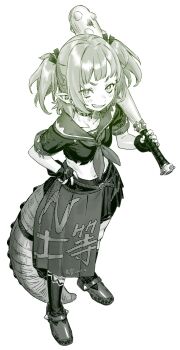 1girl agemmata baseball_bat black_shirt black_skirt choker crocodile_girl crocodilian_tail fingerless_gloves from_above full_body gloves hair_ribbon halftone hand_on_own_hip highres holding holding_baseball_bat kneehighs looking_at_viewer midriff monochrome navel neckerchief nitya_nil phase_connect pointy_ears ribbon sailor_collar school_uniform screentones serafuku sharp_teeth shirt shoes short_eyebrows short_sleeves simple_background skirt smile socks solo tail teeth torn_clothes torn_shirt twintails v-shaped_eyebrows white_background