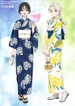 2girls black_sandals blonde_hair blue_kimono braid brown_hair commentary cotton_candy curtained_hair feet fingernails flip-flops floral_print floral_print_kimono full_body hair_behind_ear highres holding_kinchaku japanese_clothes k_(kamo_kamen) kamo_kamen kimono kinchaku looking_at_viewer low_twin_braids m_(kamo_kamen) multiple_girls obi obijime open_mouth original pouch print_kimono sandals sash short_hair simple_background straight-on teeth toenails twin_braids twitter_username upper_teeth_only white_kimono white_sandals yukata