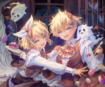 1boy 1girl absurdres ascot black_pants blonde_hair blue_butterfly border bow brown_vest bug butterfly cake cake_slice candy collared_shirt cross cross_earrings demon_horns earrings fang food fork furry ghost hair_between_eyes hair_bow hair_ornament hairband hairclip highres holding holding_fork horns insect jewelry kagamine_len kagamine_rin krw_iu000 lollipop macaron open_mouth orange_ascot outstretched_hand pants shirt short_hair smile upper_body vest vocaloid white_border white_hairband white_shirt wrapped_candy
