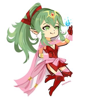 1girl artist_name boots breasts cape chibi chibi_only cleavage collar dragonstone dress fire_emblem fire_emblem_awakening garter_straps gloves green_eyes green_hair hair_between_eyes hair_ribbon highres long_hair nintendo pink_cape pink_thighhighs pointy_ears ponytail red_boots red_dress red_gloves ribbon short_dress sidelocks simple_background sleeveless sleeveless_dress smile solo thighhighs tiara tiki_(adult)_(fire_emblem) tiki_(fire_emblem) white_background white_collar yancadoodles zettai_ryouiki