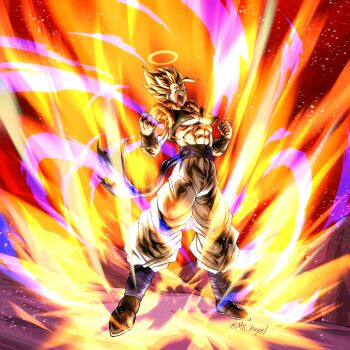 Rule 34 | 1boy, abs, absurdres, aura, black vest, blonde hair, blue sash, cropped vest, dragon ball, dragonball z, full body, gogeta, green eyes, halo, highres, male focus, metamoran vest, mii kayel, muscular, muscular male, open clothes, open mouth, open vest, pants, powering up, sash, solo, spiked hair, super saiyan, super saiyan 1, twitter username, vest, white pants, yellow halo