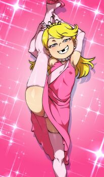 1girl armpits arms_up blonde_hair blue_eyes blush clenched_teeth dress earrings elbow_gloves eyebrows eyebrows_hidden_by_hair eyelashes feet_out_of_frame female_focus flat_chest gloves grin half-closed_eyes jcm2 jewelry leg_grab leg_lift leg_up lola_loud loli long_hair looking_at_viewer missing_tooth necklace panties pearl_necklace pink_dress pink_gloves pink_panties pink_shoes pink_thighhighs sash shiny_clothes shiny_skin shoes skindentation smile solo sparkle split standing standing_on_one_leg standing_split stud_earrings teeth the_loud_house thighhighs thighs tiara underwear