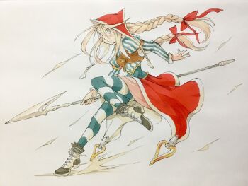 1girl black_boots blonde_hair boots bow braid brown_eyes brown_vest cape closed_mouth commentary cordelia_(saga) full_body green_pantyhose green_shirt hair_bow headscarf heart highres holding holding_polearm holding_weapon juliet_sleeves leg_up long_hair long_sleeves looking_at_viewer pantyhose peter_salt polearm puffy_sleeves red_bow red_cape red_headscarf saga saga_frontier_2 shirt solo spear standing standing_on_one_leg striped_clothes striped_pantyhose striped_shirt traditional_media twin_braids vertical-striped_clothes vertical-striped_shirt vest waist_cape weapon white_background white_pantyhose