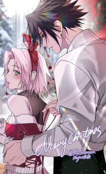 1boy 1girl bare_shoulders black_hair black_pantyhose black_shirt breasts christmas christmas_ornaments couple green_eyes hairband haruno_sakura hetero highres medium_breasts merry_christmas mushroomuaa naruto_(series) naruto_shippuuden off-shoulder_shirt off_shoulder pantyhose parted_lips pink_hair red_hairband red_shirt shirt short_hair twitter_username uchiha_sasuke upper_body white_shirt winter