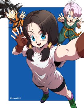 1girl 2boys :d :o absurdres bike_shorts black_eyes black_hair black_shorts blue_background blue_eyes border brown_gloves child collar commentary_request dougi dragon_ball dragonball_z fingerless_gloves gloves green_shoes hair_tubes highres horang4628 korean_commentary long_hair looking_at_viewer multiple_boys open_mouth outside_border purple_hair shirt shoes short_hair short_sleeves shorts smile son_goten spiked_collar spikes teeth trunks_(dragon_ball) twintails twitter_username videl white_border white_shirt