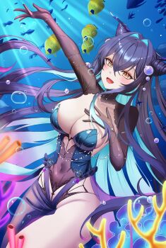 1girl absurdres black_hair black_panties black_shrug breasts cleavage colored_inner_hair commentary_request coral covered_navel dress fish goddess_of_victory:_nikke green_dress green_hair hair_intakes highres little_mermaid_(abyss_flower)_(nikke) little_mermaid_(nikke) long_hair multicolored_hair official_alternate_costume panties revealing_clothes shrug_(clothing) smile solo thighs two-tone_hair underwater underwear very_long_hair yurang_heart