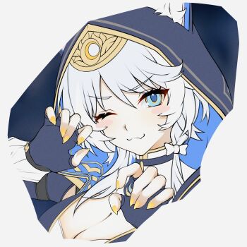 1girl :3 animal_ears black_hood blue_eyes blush_stickers breasts cat_ears cipher_(honkai:_star_rail) claw_pose cleavage fang fingerless_gloves gloves grey_hair highres honkai:_star_rail honkai:_star_rail_eidolon_parody honkai_(series) one_eye_closed portrait puyopuyo_10 skin_fang yellow_nails