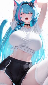 1girl absurdres alternate_costume animal_ear_fluff animal_ears aqua_hair arms_up black_choker black_shorts breasts cat_ears cat_girl cat_tail choker chromatic_aberration closed_eyes commentary highres large_breasts long_hair midriff mint_(nte) moetsukita multicolored_hair neverness_to_everness open_mouth pink_streaks shirt short_shorts shorts simple_background solo streaked_hair stretching tail thighhighs tied_shirt white_background white_shirt white_thighhighs yawning