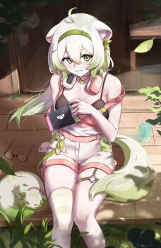 1girl absurdres ahoge animal_ears animal_slippers bra commentary cup ferret ferret_girl glasses green_eyes green_hair hairband headphones highres indie_virtual_youtuber laimu_(vtuber) leaf lucien_tube multicolored_hair nintendo_switch nintendo_switch_2 on_floor outdoors porch ribbon shorts slippers socks suspenders suspenders_hanging symbol-only_commentary tail thigh_strap thighhighs thighs two-tone_hair underwear virtual_youtuber white_hair
