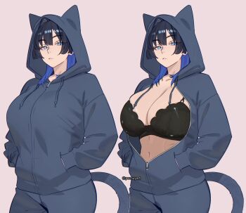 1girl animal_hood black_bra black_hair blue_eyes blue_hair blue_hoodie blue_jacket blue_pants bra breasts cat_girl cat_hood cat_tail cleavage closed_mouth clothes_on_and_off colored_inner_hair commentary english_commentary hair_intakes hands_in_pockets highres hololive hololive_english hood hood_up hooded_jacket hoodie huge_breasts jacket looking_at_viewer multicolored_hair navel no_shirt ouro_kronii pants pink_background pomuya simple_background tail underwear variations virtual_youtuber