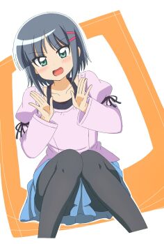 Rule 34 | 1girl, aizawa sakuya, black pantyhose, blue skirt, blush, commentary request, cropped legs, dutch angle, eyes visible through hair, grey hair, hair between eyes, hair ornament, hairclip, hands up, hayate no gotoku!, highres, juliet sleeves, knees together feet apart, long sleeves, looking at viewer, medium hair, miniskirt, open hands, orange background, outline, pantyhose, parallel hairclips, pink shirt, pleated skirt, puffy sleeves, shirt, simple background, sitting, skirt, solo, two-tone background, warm sheep, white background, white outline, wide sleeves