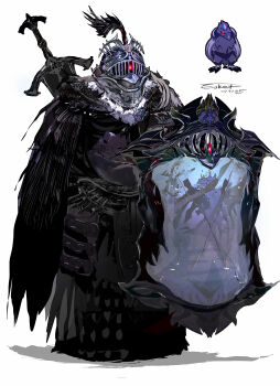 1other absurdres armor beak_mask black_coat black_helmet coat corviknight cuirass gen_8_pokemon glowing glowing_eyes hat_feather helmet highres holding holding_shield huge_weapon impasto knight nintendo pokemon pokemon_(creature) shield simple_background sukepmonster sword sword_on_back weapon weapon_on_back