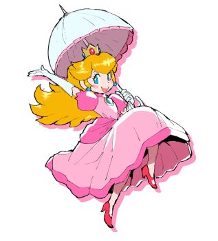 1girl :d arm_up blonde_hair blue_eyes blush brooch crown dreaminerryday dress drop_shadow earrings elbow_gloves full_body gem gloves high_heels highres holding holding_umbrella jewelry long_dress long_hair looking_at_viewer mario_(series) nintendo open_mouth parasol pink_dress princess_peach puffy_short_sleeves puffy_sleeves shoes short_sleeves simple_background smile solo sphere_earrings super_mario_bros._1 teeth umbrella upper_teeth_only white_background white_gloves white_umbrella
