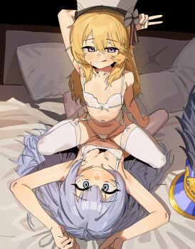 2girls :q absurdres arm_up armpits bed blonde_hair blue_eyes blue_hair blush bra breasts character_request closed_mouth flat_chest garter_belt girls'_frontline girls'_frontline_neural_cloud hat highres kolibri_(girls'_frontline) licking_lips loli long_hair looking_at_viewer lying multiple_girls navel on_back on_bed panties pillow purple_eyes ruppu small_breasts smile straddling sweat thighhighs tongue tongue_out underwear underwear_only v white_bra white_panties white_thighhighs