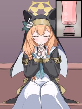 1girl absurdres aoshiroon armband artificial_vagina asymmetrical_hair bar_censor black_coat blue_archive blue_neckerchief blush braid censored closed_eyes closed_mouth coat disembodied_penis dress erection flower halo hands_up happy highres interlocked_fingers long_dress long_hair long_sleeves male_masturbation mari_(blue_archive) masturbation neckerchief nun orange_hair own_hands_together penis sex_toy shared_sense sidelocks single_braid sitting smile solo_focus split_mouth straight-on u_u veil white_dress white_flower yellow_halo