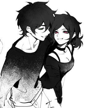andrew_graves asa_moi ashley_graves black_hair choker commentary_request green_eyes highres pink_eyes shirt siblings the_coffin_of_andy_and_leyley