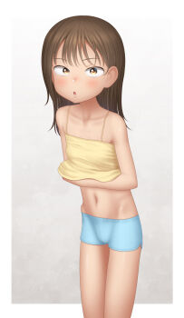 1girl absurdres bare_legs blue_shorts brown_eyes brown_hair clothes_lift collarbone cowboy_shot female_focus highres hip_bones lifting_own_clothes looking_at_viewer medium_hair midriff navel open_mouth original paid_reward_available sc_naru shirt shirt_lift short_shorts shorts sleeveless sleeveless_shirt solo thighs yellow_shirt