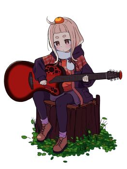 1girl absurdres ahoge blonde_hair blush brown_shoes closed_mouth commentary_request food food_on_head fruit fruit_on_head full_body grass guitar highres holding holding_guitar holding_instrument hood hood_down hooded_jacket instrument jacket long_sleeves medium_hair mup0106 object_on_head on_tree_stump orange_(fruit) pantyhose purple_jacket purple_pantyhose purple_shorts purple_socks red_shirt saigou_r_irori sana_channel scarf shirt shoes shorts simple_background sitting socks solo thick_eyebrows white_background white_scarf