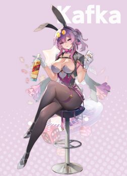 Rule 34 | 1girl, absurdres, alternate costume, animal ear hairband, animal ears, black pantyhose, bottle, breasts, character name, chest harness, coon, crossed legs, cup, fake animal ears, gloves, grey leotard, hairband, harness, highres, holding, holding bottle, holding cup, honkai: star rail, honkai (series), kafka (honkai: star rail), large breasts, leotard, pantyhose, parted lips, ponytail, purple hair, purple leotard, rabbit ear hairband, rabbit ears, sitting, solo, strapless, strapless leotard, white gloves