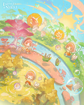 Rule 34 | 1girl, ^ ^, absurdres, animal, armlet, arrow (projectile), artist request, beads, belt, bikini, blue sky, bow (weapon), bracelet, braid, brown eyes, brown sandals, bubble, cat, chibi, cloak, closed eyes, clothed animal, commentary, copyright logo, crop top, deer, determined, dew of inspiration (infinity nikki), drawing bow, ear covers, english commentary, esseling (infinity nikki), eyelashes, gold armlet, gold bikini, gold bracelet, hair beads, hair ornament, hand on own hip, happy, highres, holding, holding arrow, holding bow (weapon), holding weapon, hood, hood up, hooded cloak, infinity nikki, jewelry, layered skirt, light particles, lily pad, logo, long skirt, looking at creature, medium hair, midriff, momo (nikki), multiple views, mushroom, nikki (nikki), nikki (series), official alternate costume, official art, oversized animal, oversized plant, pink hair, purifying wind (infinity nikki), red skirt, river, sandals, second-party source, shadow, shirt, shroomling (infinity nikki), side braid, single braid, skirt, sky, sleeveless, sleeveless shirt, smoke, snail, star (symbol), swimsuit, tareme, weapon, whiskers, white cat, white cloak, white shirt, white skirt