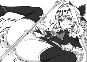 Rule 34 | 1girl, ahoge, anal, black thighhighs, bottomless, bow, bow necklace, bowtie, braid, braided bun, braided hair rings, breasts, commentary request, covered erect nipples, diagonal-striped clothes, diagonal-striped headwear, diamond (shape), earrings, fog, frown, furrowed brow, greyscale, groin, hair bow, hair bun, hair intakes, hair rings, hand on bed, heavy breathing, highres, holding, holding wand, holding weapon, japanese clothes, jewelry, kataginu, large bow, lineart, long hair, looking at viewer, lying, mage staff, makeup, mascara, meitantei precure!, moaning, monochrome, moria luluka, necktie, nipples, ome (mercury cigarette), on back, on bed, open mouth, pearl earrings, pearl hair ornament, precure, pussy juice, shoes, simple background, sitting, small breasts, solo, spread legs, staff, striped clothes, sweat, thighhighs, wand, weapon, wet, white background, white hair, wince