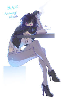 1girl ain_choiwet black_jacket breasts cleavage cup full_body ghost_in_the_shell ghost_in_the_shell:_stand_alone_complex high_heels highres holding holding_cup jacket looking_at_viewer purple_eyes purple_hair sitting solo table