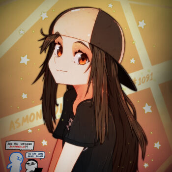 1girl 2boys artist_name artist_self-insert asmongold baseball_cap black_footwear black_shirt brown_eyes brown_hair brown_hat character_name english_text genderswap genderswap_(mtf) gradient_background hat long_hair looking_at_viewer looking_to_the_side multiple_boys orange_background real_life shirt short_sleeves smile speech_bubble srgrafo star_(symbol) turning_head two-tone_hat upper_body white_hat yellow_background
