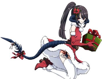 1other au_ra bell brown_hair christmas commission commissioner_upload dragon_horns dress elbow_gloves final_fantasy final_fantasy_xiv flower gift gloves hair_flower hair_ornament high_ponytail highres holly holly_hair_ornament horns izumi_tol_amulius long_hair non-web_source original ponytail red_eyes red_shoes sakuma_gin_maru_sakuma santa_costume santa_dress scales shoes skeb_commission smile tail tail_ornament