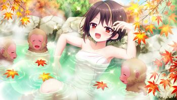 1girl autumn_leaves bandou_mikuru blonde_hair breasts brown_hair closed_eyes collarbone day dot_nose film_grain game_cg hand_up izumi_tsubasu leaf lens_flare medium_breasts monkey multicolored_hair naked_towel non-web_source official_art onsen open_mouth outdoors partially_submerged re:stage! reclining red_eyes relaxing rock short_hair smile solo sparkle steam streaked_hair towel tree two-tone_hair