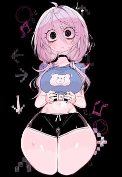 animal_print bear_print black_background black_choker blue_shirt breasts choker controller game_controller highres large_breasts low_twintails narrow_waist navel original pink_hair playing_games shirt short_shorts short_twintails shorts simple_background surprised tank_top thick_thighs thighs twintails usa37107692 wide-eyed